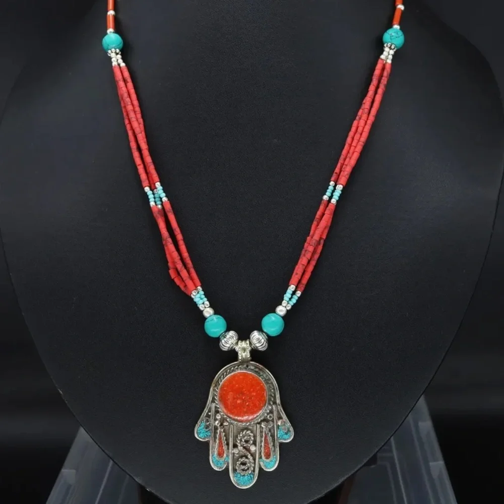 Tibetan silver turquoise and coral Nepali necklace